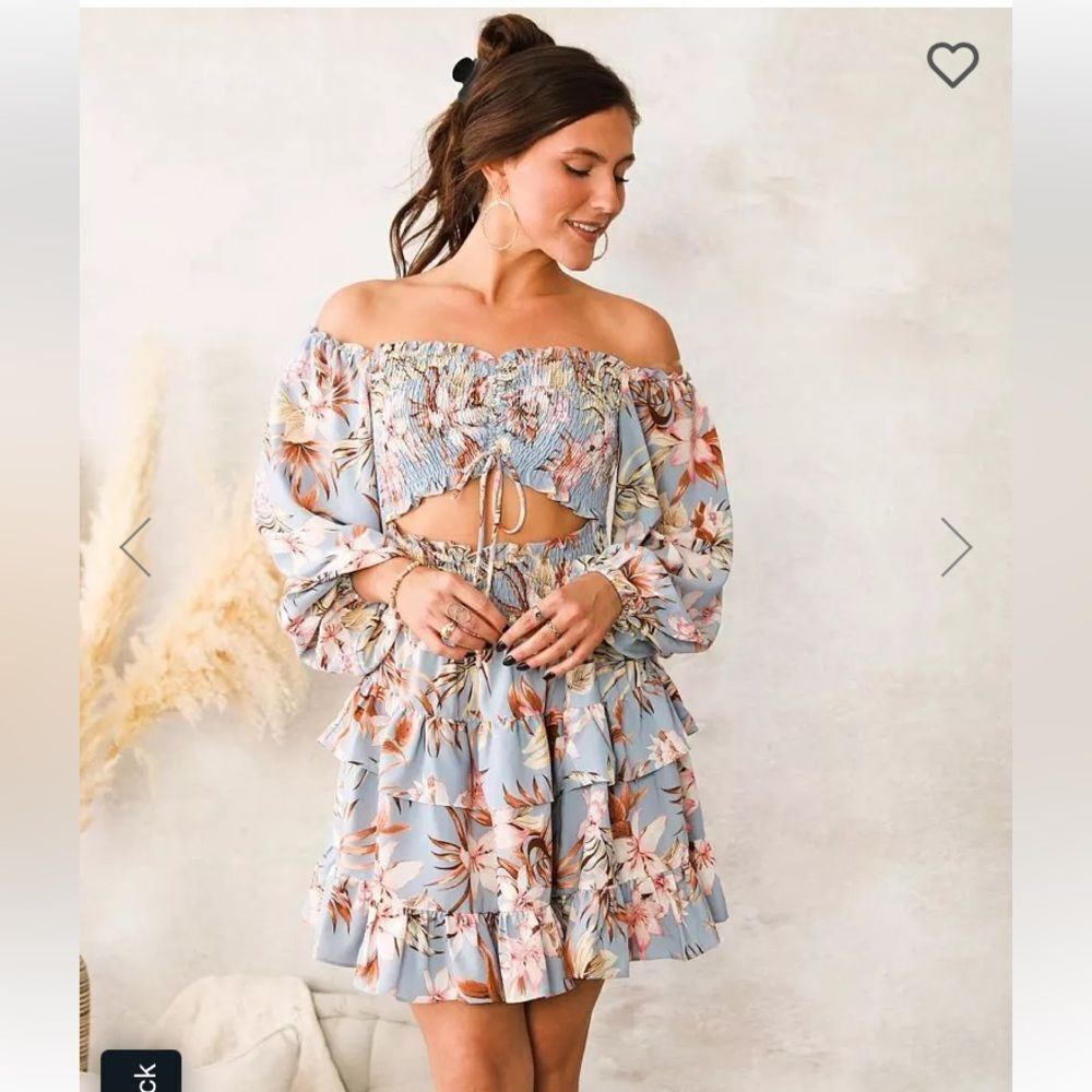 Privy Blue Floral Smocked Cutout Mini Dress Women’s Large Long Sleeve Boho